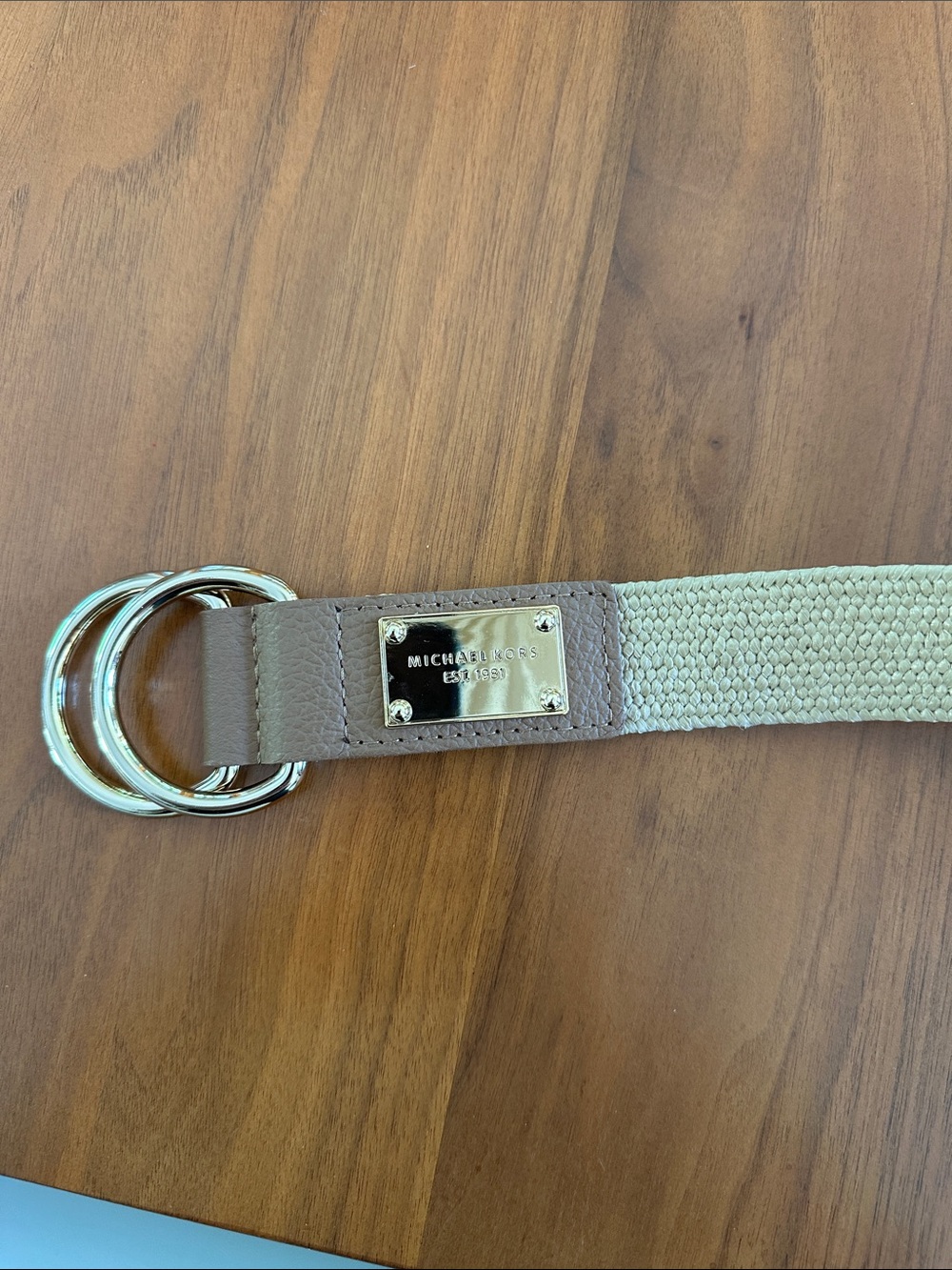 Michael Kors Beige Stretchy Woven Belt with Gold Double Rings